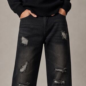 Distressed Wide Leg Jeans Washed Black Y2K Grunge Cotton Denim 34x31